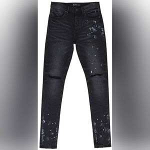 Size 36 × 34- New PURPLE BRAND Resin Knee Slit Over Spray Slim-Fit Black Jeans